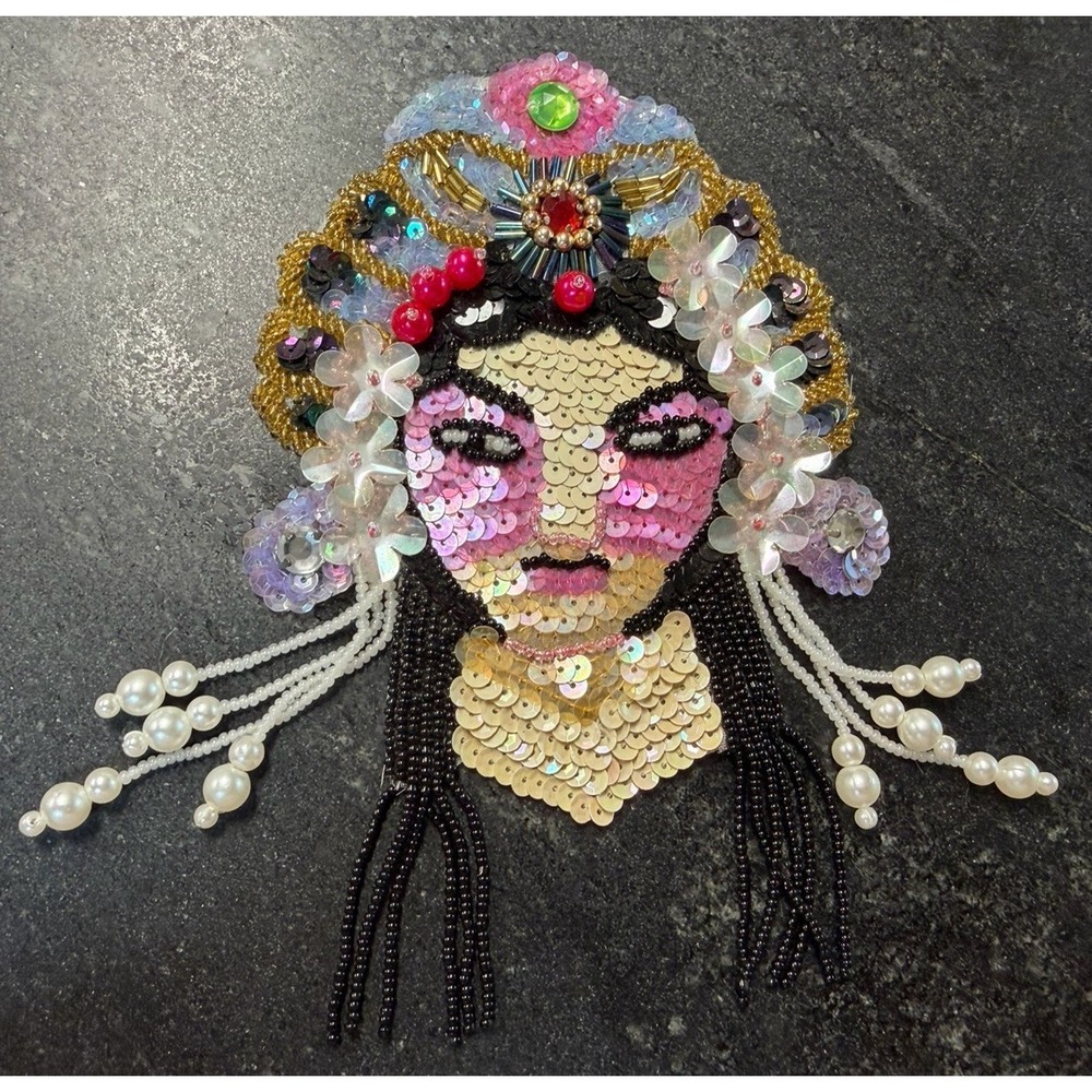 Handmade Sequin Beaded Asian Opera Lady Sew On Patch Applique 7" x 5"